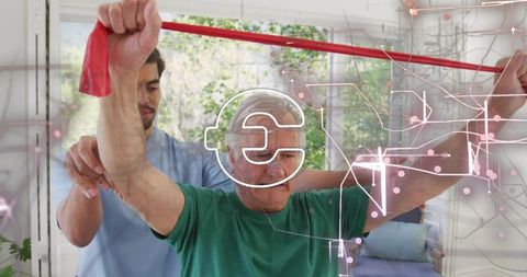 Senior Man Doing Resistance Band Therapy with Caregiver and Holographic Rehab Tech