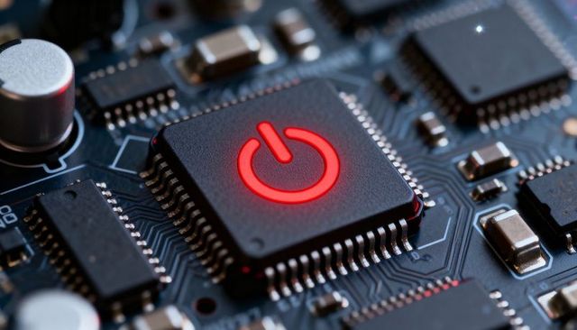 Glowing red power symbol on microchip close-up, high-tech pcb circuit board concept