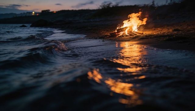 Bonfire on twilight beach casting warm reflections on rippling sea and wet sand coastal glow