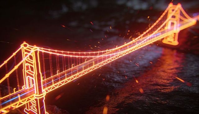 Glowing neon suspension bridge stretching over night water in cyberpunk wireframe