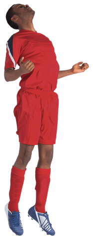 Transparent Football Player in Red Kit Jumping Mid-Air Celebration