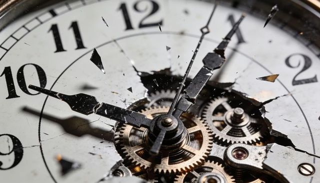 Closeup of rupturing antique watch dial revealing exposed brass gears and shattered glass