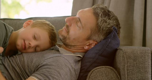 Father and Son Napping on Couch in Cozy Living Room - Download Free Stock Images Pikwizard.com