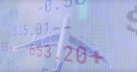 Airplane Soaring Over Digital Financial Data Overlay