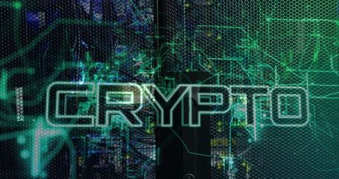 Glowing neon-green crypto overlay on rack servers and network cables, cyberpunk datacenter