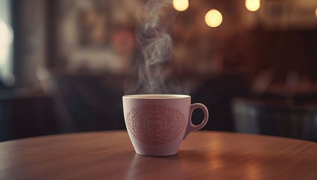 Steaming white mug on wooden cafe table with warm atmosphere