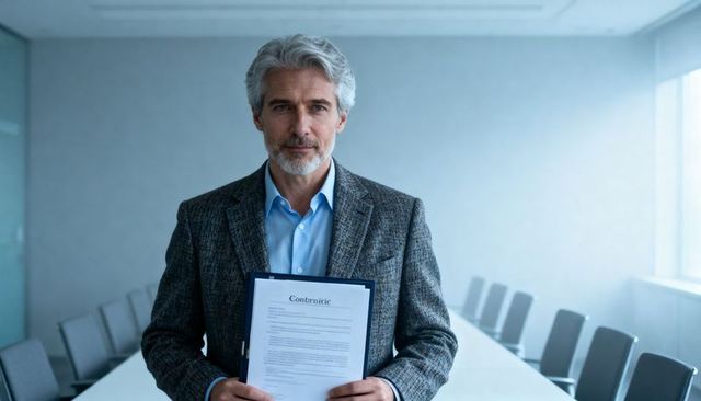 Mature executive presenting contract in modern boardroom, confident professional leader