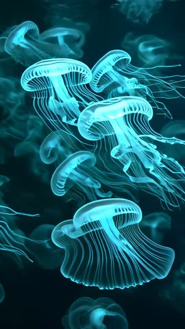 Glowing bioluminescent jellyfish pulsing and drifting in teal aquarium vertical video loop