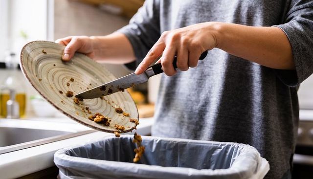 Scraping plate into trash can with knife at kitchen sink, food waste disposal closeup