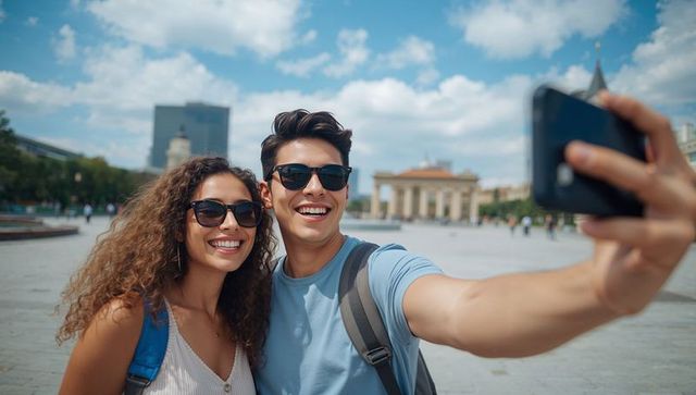 Couple Taking Selfie in City Plaza During Sunny Day