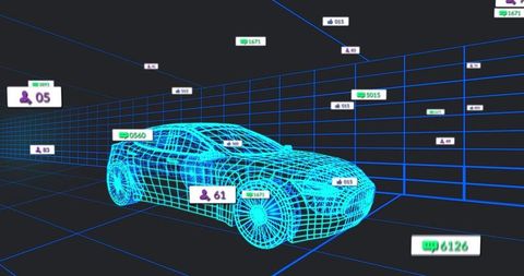 Futuristic wireframe car in virtual grid with floating ui elements