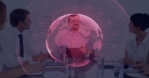 Business team analyzing holographic global data in modern meeting