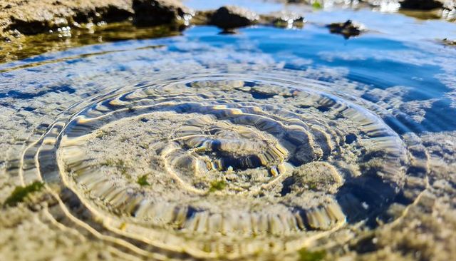 Concentric water ripples creating prism caustics on sandy tidal pool surface with refraction rings