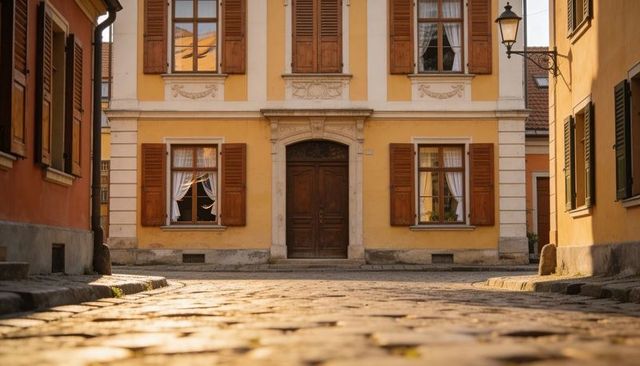 Golden hour sunlit yellow facade with wooden shutters glowing on historic cobblestone lane