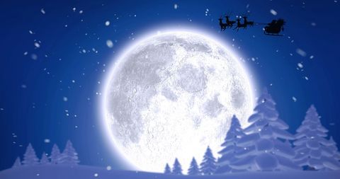 Santa's Sleigh Silhouette Against Full Moon Night