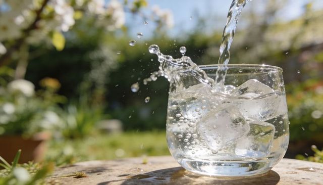 Refreshing water pouring into short glass with ice cubes splashing on sunny backyard patio