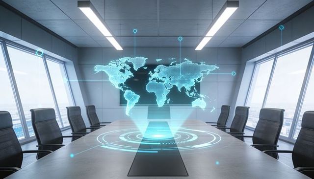Futuristic Holographic World Map Projecting Over Boardroom Table for Global Business Strategy