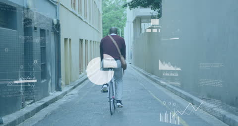 Businessman Bicycling with Digital Data Animation Overlay