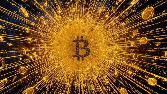 Radiant Bitcoin Burst: Golden Cryptocurrency Explosion with Streaming Light Rays