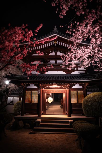 Traditional Japanese temple illuminated at night surrounded by cherry blossoms. Ideal for use in travel blogs, cultural documentaries, promotional materials for Japan tourism, or educational content about Japanese architecture and traditions.