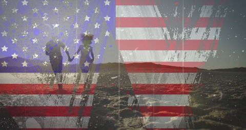 Patriotic Celebration Overlaid Couple on Beach Glitch Effect