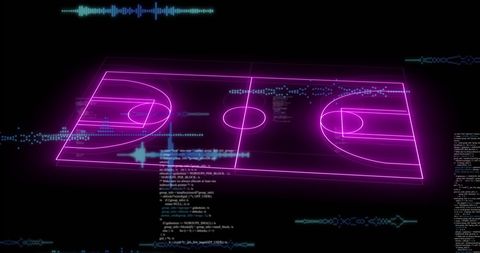 Neon Basketball Court with Data Graphics on Dark Background