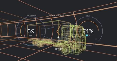 Futuristic Wireframe Truck with Interactive HUD Interface