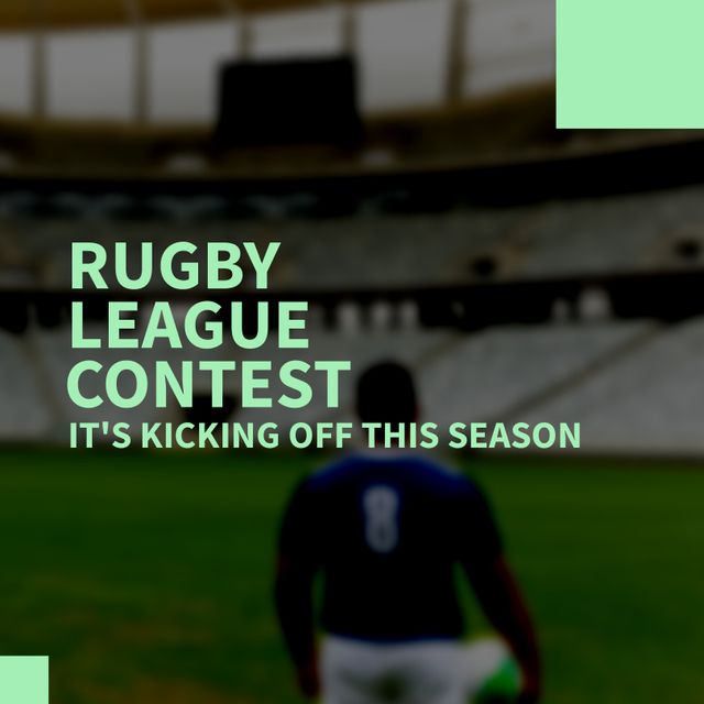 Composition of rugby league contest text over african american male rugby player at stadium. Rugby league contest and celebration concept digitally generated image.