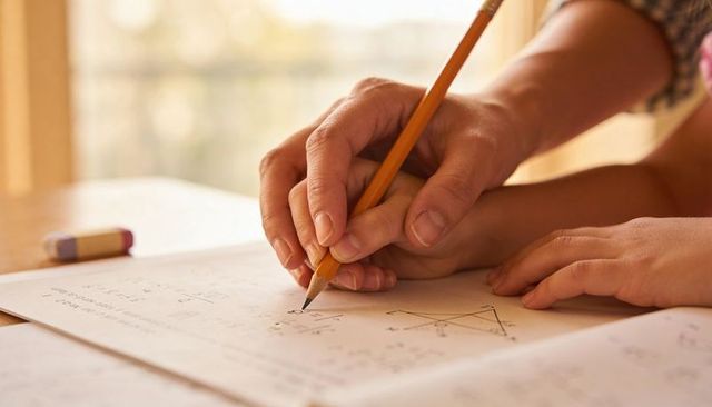 Adult Guiding Child Handwriting Math Homework with Pencil Tutoring Geometry Help