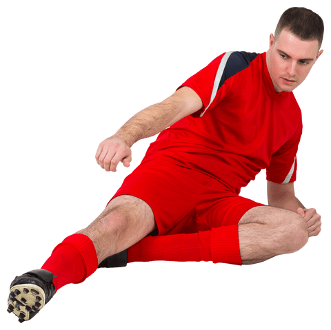 Transparent sporty athlete kicking football in red sportswear