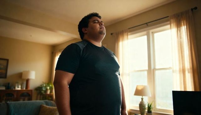 Young man standing and gazing out sunlit window in warm living room embracing mindful calm