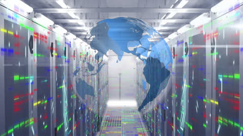 Depicting a dynamic blend of global connectivity and technology with a digitally conveyed globe and vibrant colors against the backdrop of a computer server room. Ideal for illustrating concepts of global networking, digital data storage, cutting-edge technology, or futuristic business solutions. Use in presentations on IT infrastructure, global communication, or data management advancements.