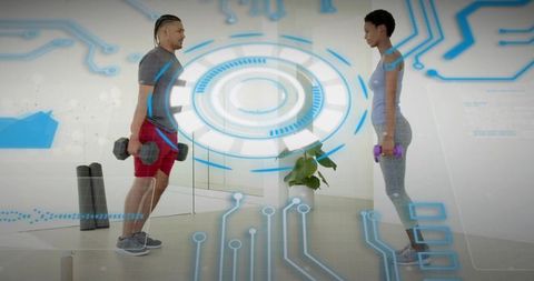 Fitness Partners Lifting Dumbbells During High-Tech Home Workout With Digital HUD Overlay