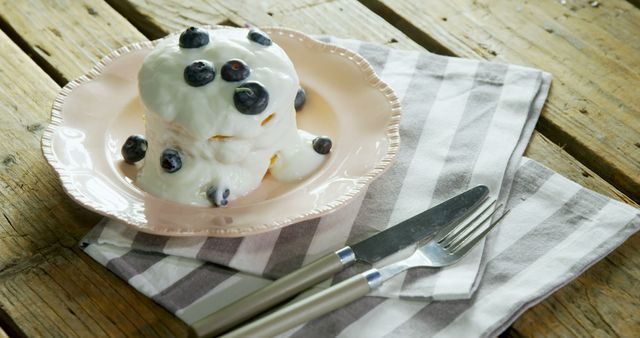 Pancakes with Blueberries and Cream on Rustic Table - Download Free Stock Images Pikwizard.com