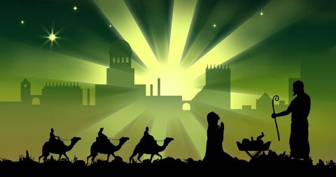 Nativity scene with three wise men in starry night silhouette