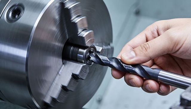 Hand aligning twist drill into lathe chuck for precision metalworking and tooling closeup