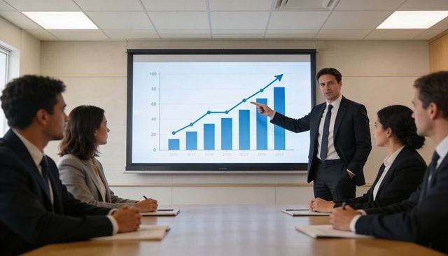 Executive presenting rising sales growth chart and analytics in boardroom team meeting