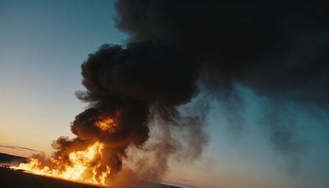 Wildfire blazing across dusk prairie sending towering black smoke plume, glowing embers