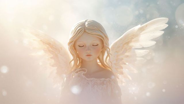 Dreamy child angel figurine with feathered wings resting in soft golden light, calm face