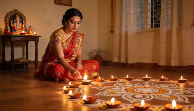 Indian woman in red-gold saree lighting clay diyas around rangoli for diwali celebration