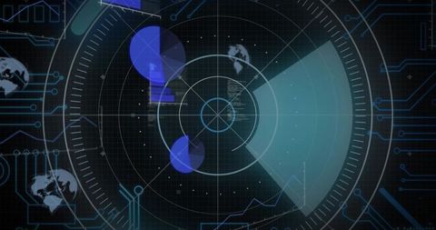 Futuristic hud radar interface with teal sweep, radial crosshair, blips and globe icons