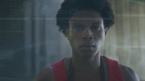 Young Athlete Smiling Amid Digital Data Interface