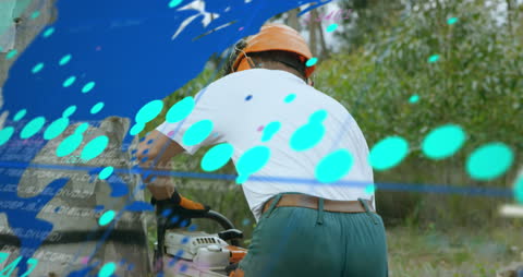 Lumberjack at Work with Digital Interface Overlay of Global Connections