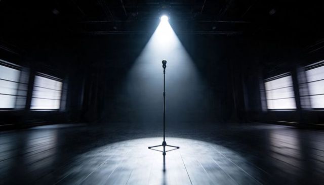 Lonely microphone standing in dramatic spotlight on empty rehearsal stage with haze