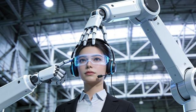 Businesswoman wearing ar goggles while robotic arms aligning headset in industrial automation hub