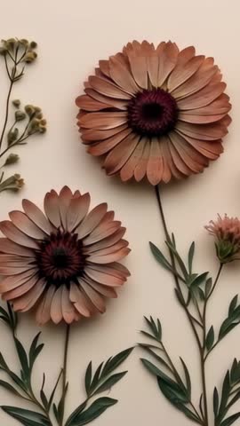 Vertical video panning across pressed daisy blooms on cream board, completing floral row