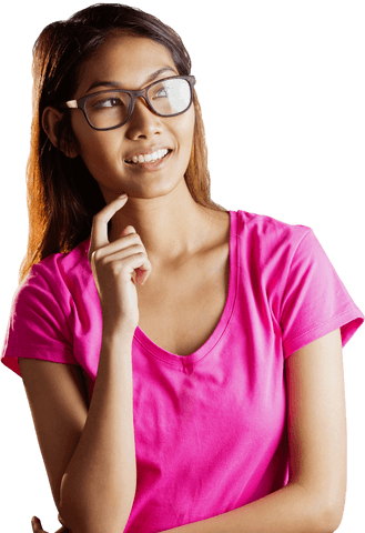 Thoughtful Young Woman in Pink Shirt on Transparent Background