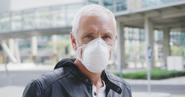 Older man standing outdoors in an urban environment wearing a face mask. Use for themes related to public health awareness, pandemic precautions, senior well-being, urban lifestyle, and personal safety.