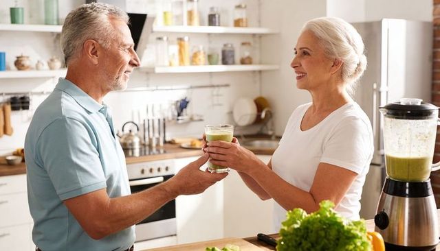 Senior couple sharing green smoothie in modern kitchen promoting healthy aging lifestyle