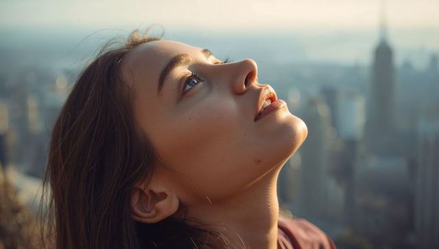Gazing young woman tilting head upward on urban rooftop at golden hour, city skyline